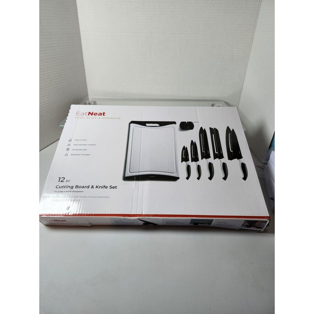 Eat Neat 12 Piece Cutting Board And Knife Set Stainless Steel Black NIB
